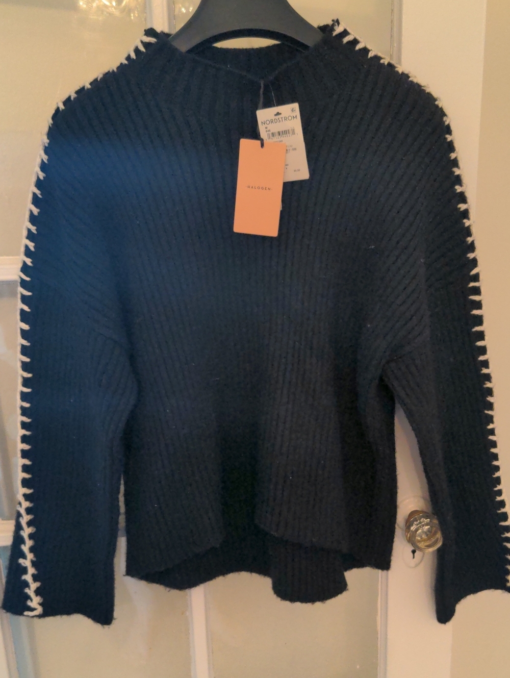 NWT Halogen Black Ribbed Crew Sweater, Cream Whipstitch Trim, Cozy